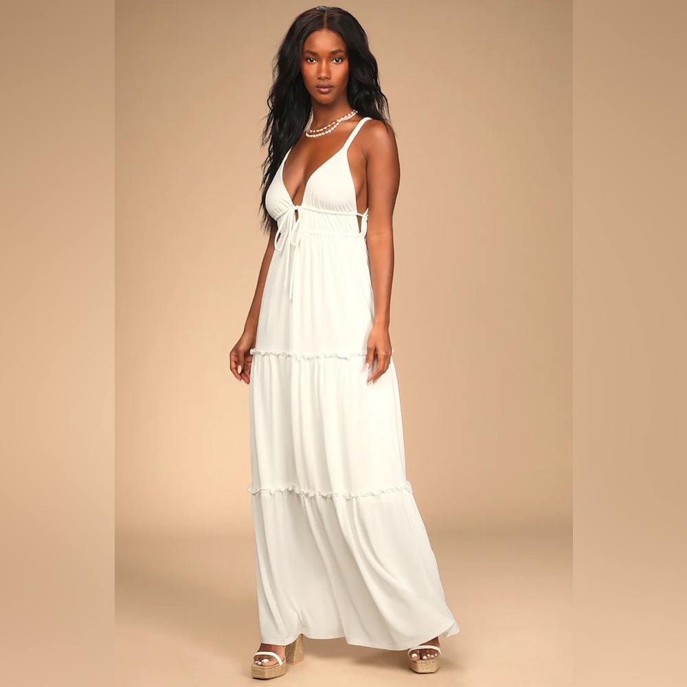Lulus Ivory Ruffled Drawstring Maxi Dress - Size M